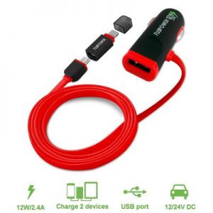FUJIPOWER Mini Car Charger - Ładowarka samochodowa USB 2.4A z kablem Micro/Lightning (czerwony)